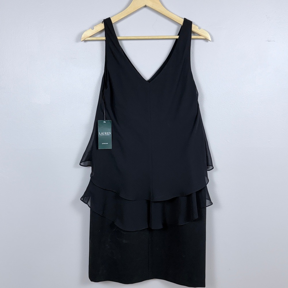 Lauren Ralph Lauren Tiered Sheath Dress Women Size 6 Black NWT V-Neck Chiffon
